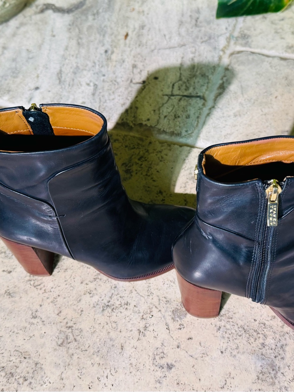 Ivanka Trump Black Leather Ankle Booties with Gold Side Zips - Picture 3 of 7